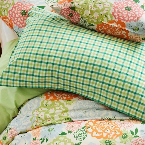 Cimino Home Nile Green Gingham Sheet Set + Petoskey Heather Pillow Sham Set